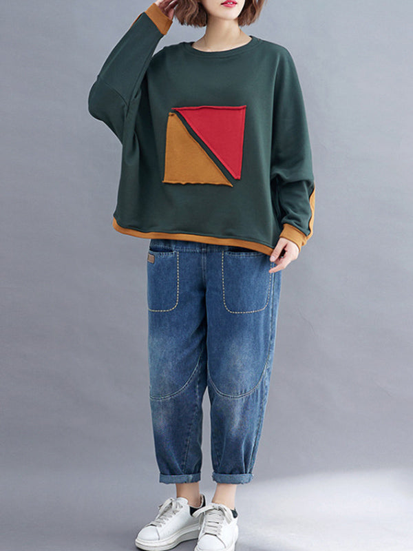 xakxx Artistic Retro Loose Triangle Applique Contrast Color Round-Neck Long Raglan Sleeves Sweatshirt