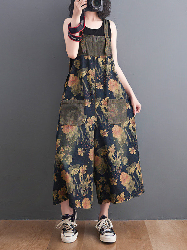 xakxx Oversize Wide Leg Floral Printed Split-Joint Overalls