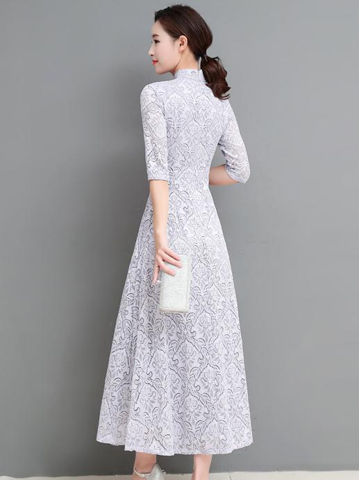 xakxx Gray&Coffee Lace A-line Long Cheongsam Ao Dai