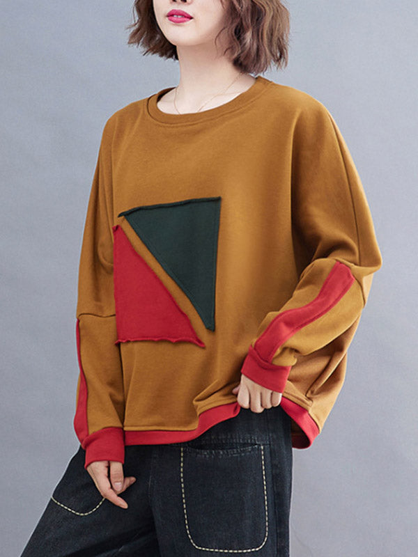 xakxx Artistic Retro Loose Triangle Applique Contrast Color Round-Neck Long Raglan Sleeves Sweatshirt