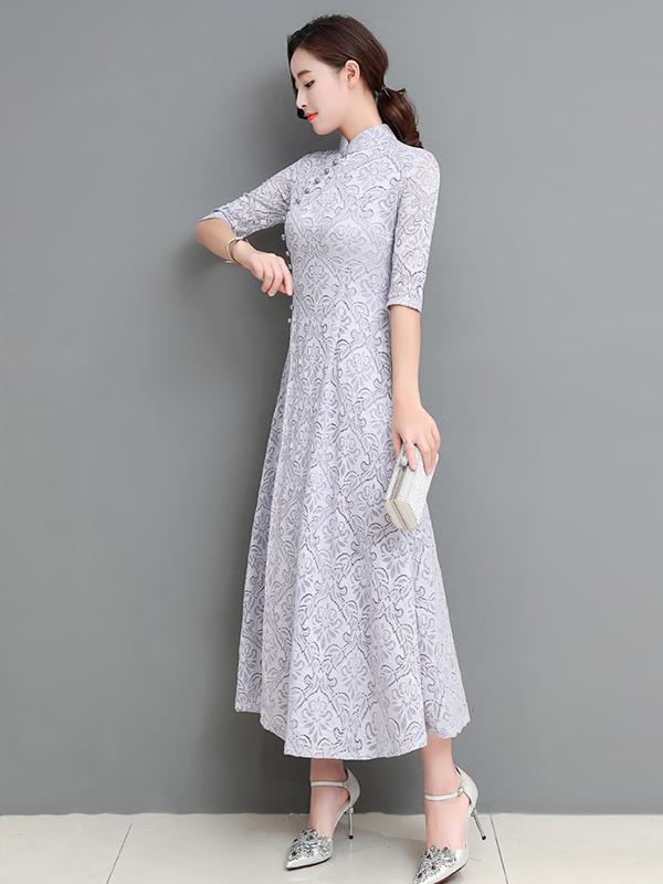 xakxx Gray&Coffee Lace A-line Long Cheongsam Ao Dai