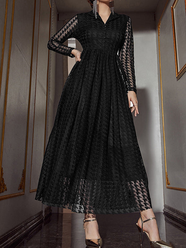 xakxx High Waisted Long Sleeves Buttoned Gauze See-Through Solid Color V-Neck Maxi Dresses