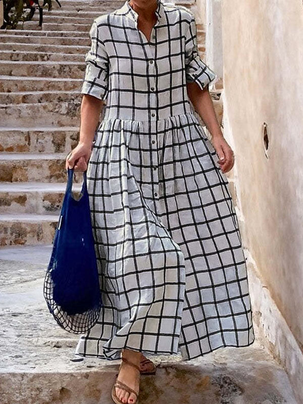 xakxx Long Sleeves Loose Buttoned Plaid Split-Joint Stand Collar Maxi Dresses