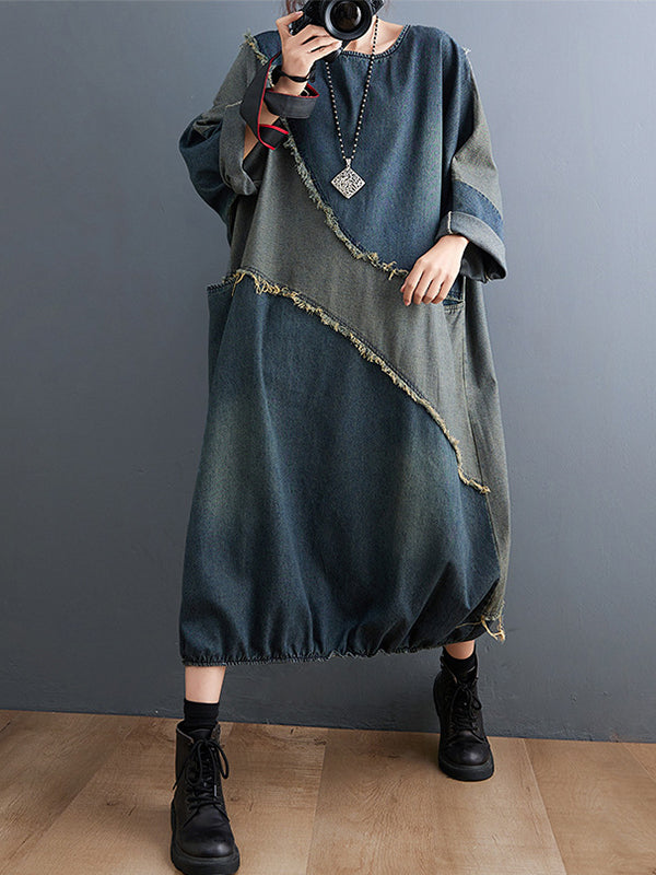 xakxx Original Loose Denim Contrast Color Round-Neck Long Sleeves Midi Dress