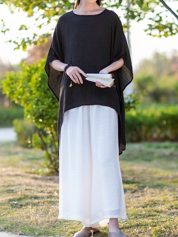 xakxx Half Sleeves High-Low See-Through Solid Color Round-Neck Blouses