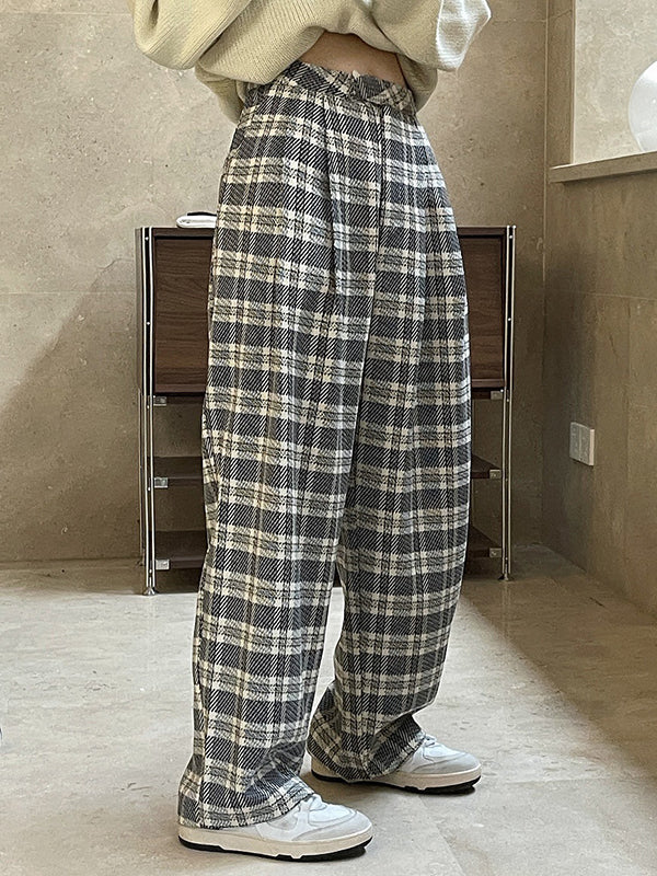 xakxx Vintage Wide Leg High-Waisted Pleated Plaid Pants
