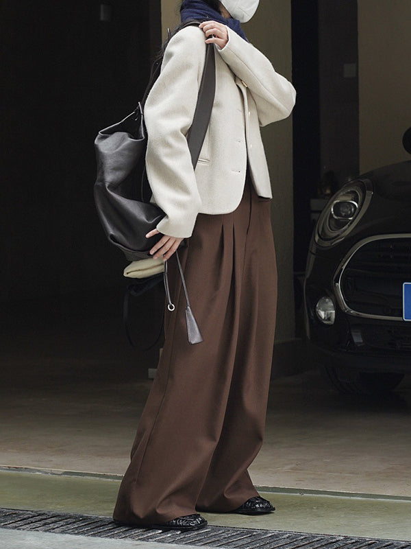 xakxx Loose Pleated Solid Color Wide Leg Pants Bottoms
