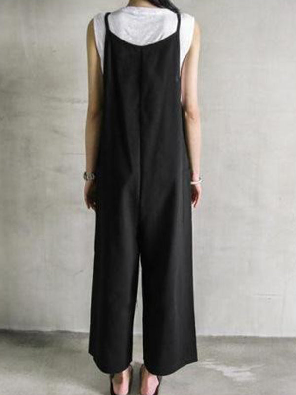 xakxx Black&Khaki Casual Spaghetti-Neck Loose Wide-Leg Overalls