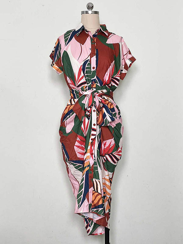 xakxx Raglan Sleeve Short Sleeves Buttoned Pleated Printed Tied Waist Lapel Midi Dresses Shirt Dress