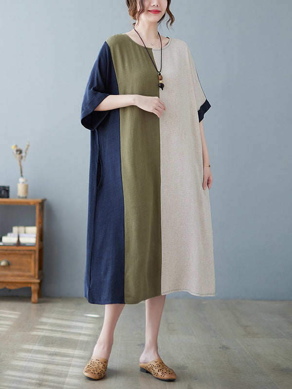 xakxx Half Sleeves Loose Contrast Color Round-Neck Midi Dresses