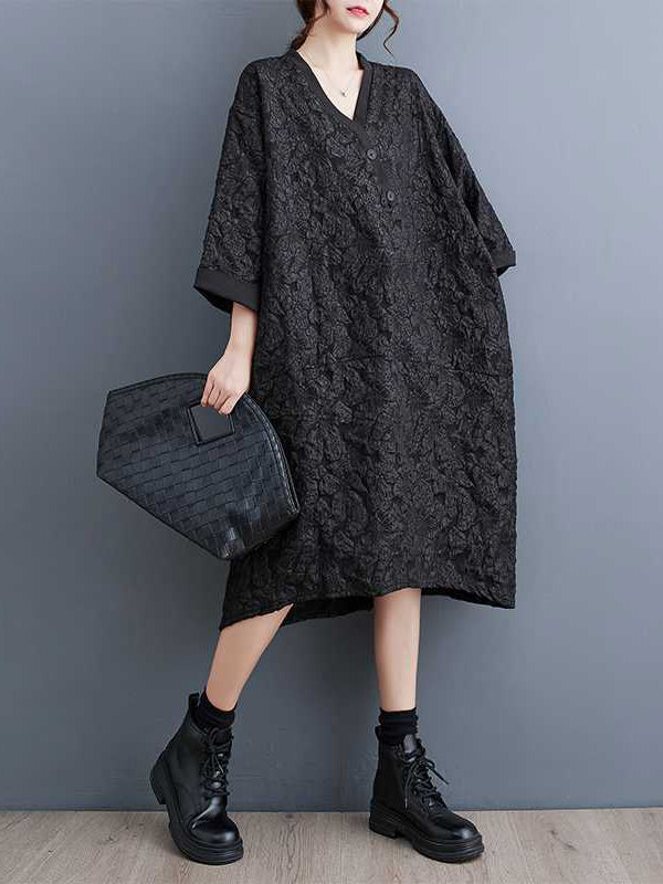 xakxx A-Line Half Sleeves Asymmetric Buttoned Jacquard V-Neck Midi Dresses