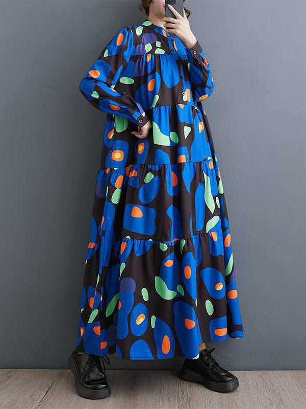 xakxx A-Line Long Sleeves Buttoned Pleated Printed Split-Joint Round-Neck Midi Dresses