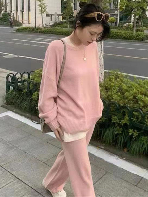 xakxx xakxx-Casual Loose Solid Color Round-Neck Sweater Tops & Wide Leg Pants Suits