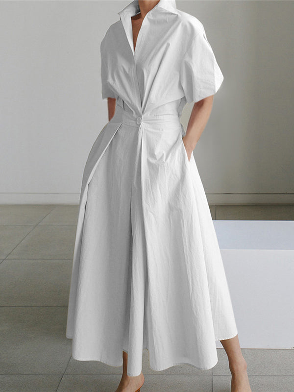 xakxx High Waisted Loose Pleated Solid Color V-Neck Midi Dresses