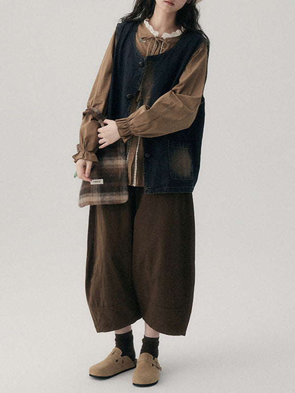 xakxx Harem Pants High Waisted Elasticity Solid Color Split-Joint Ninth Pants Trousers