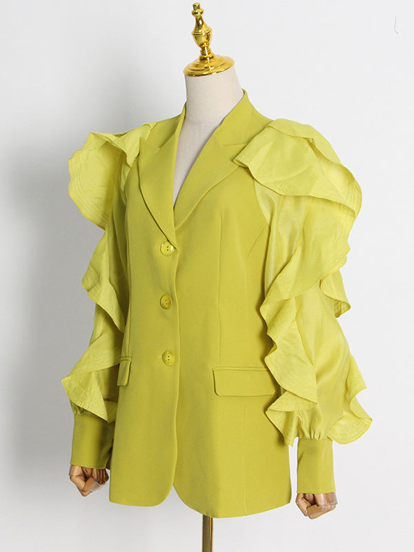 xakxx Long Sleeves Loose Buttoned Pockets Ruffled Split-Joint Notched Collar Blazer Outerwear