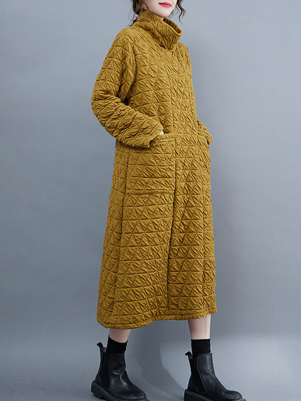 xakxx Casual Long Sleeves Loose Solid Color Textured High-Neck Cotton Padded Midi Dresses