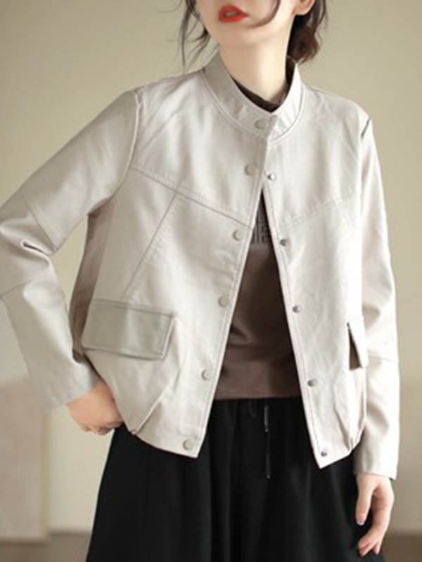 xakxx Long Sleeves Loose Buttoned Pleated Pockets Split-Joint Stand Collar Jackets Outerwear