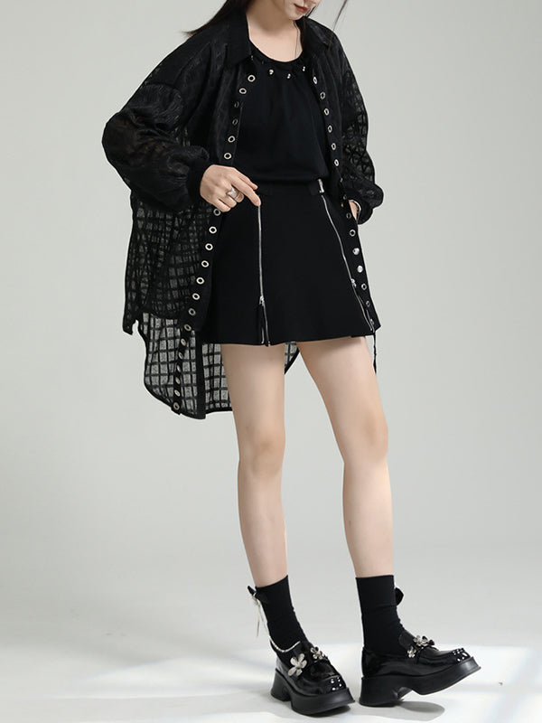 xakxx High-Low Long Sleeves Gauze See-Through Round-Neck Blouses&Shirts Tops