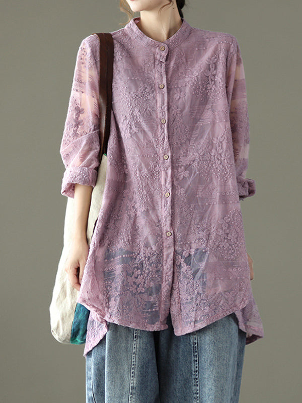 xakxx Vintage Loose Embroidered Lace Hollow Blouse