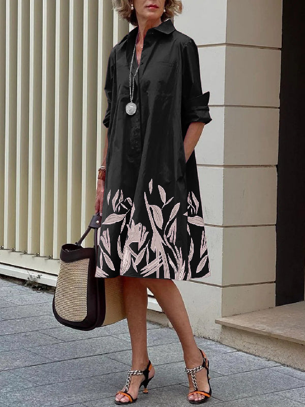 xakxx Long Sleeves Leaves Print Lapel Midi Dresses