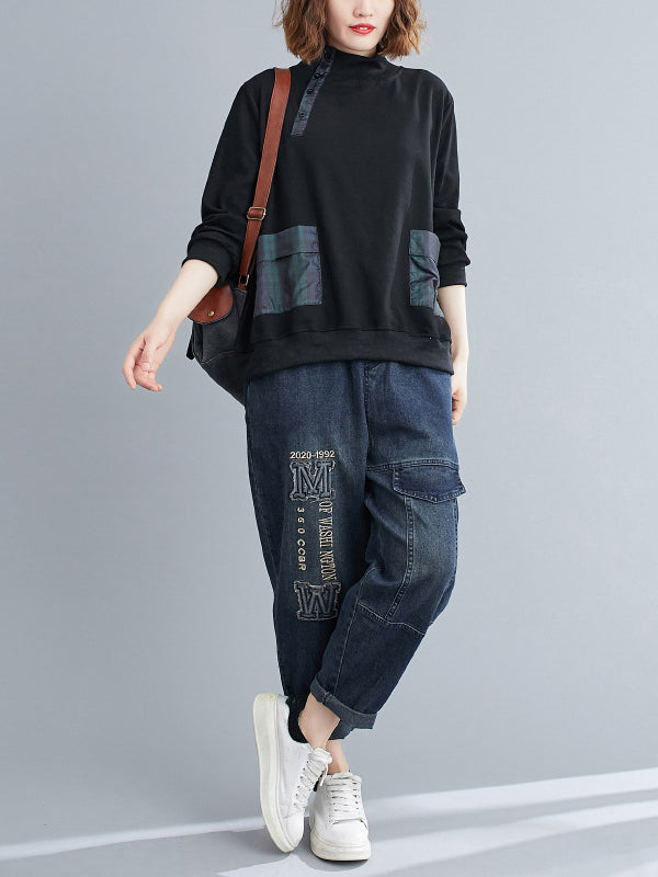 xakxx Simple Long Sleeves Loose Split-Joint Solid Color High-Neck Sweatshirt Tops