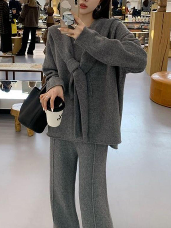 xakxx xakxx-Solid Color Long Sleeves Loose Round-Neck Three Pieces Set