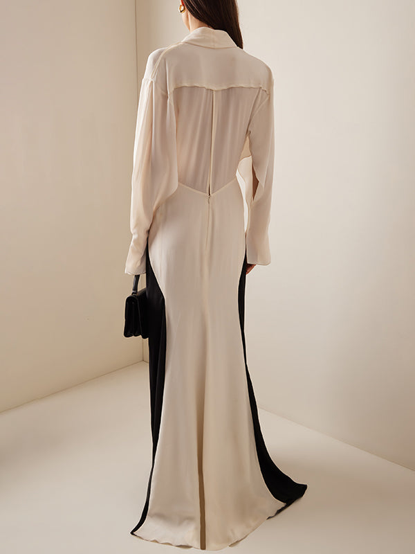 xakxx Long Sleeves Loose Contrast Color V-Neck Evening Dresses Maxi Dresses