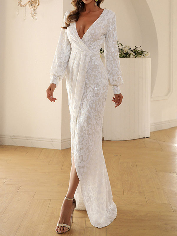 xakxx Sequined Solid Color Split-Front Tied Waist Bodycon Long Sleeves V-Neck Maxi Dresses