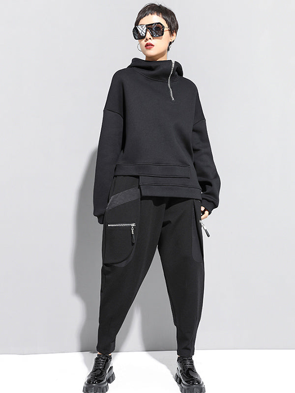 xakxx Stylish Black Asymmetric Zipper Hoodies