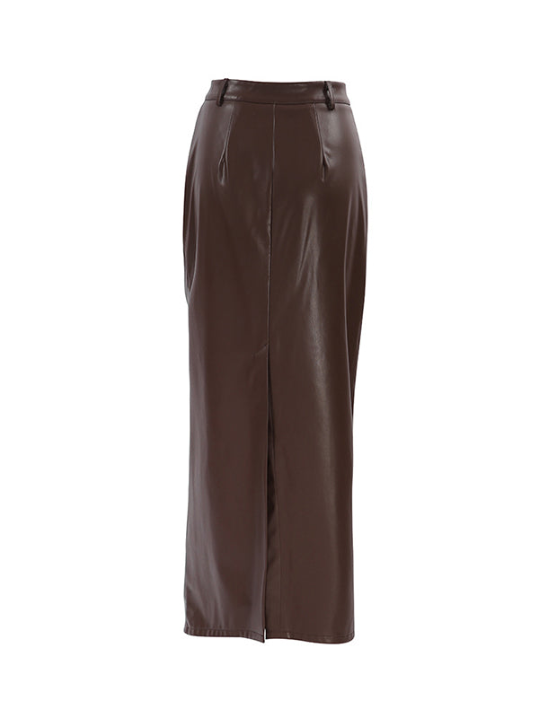 xakxx A-Line High Waisted Buttoned Solid Color Split-Back Skirts Bottoms
