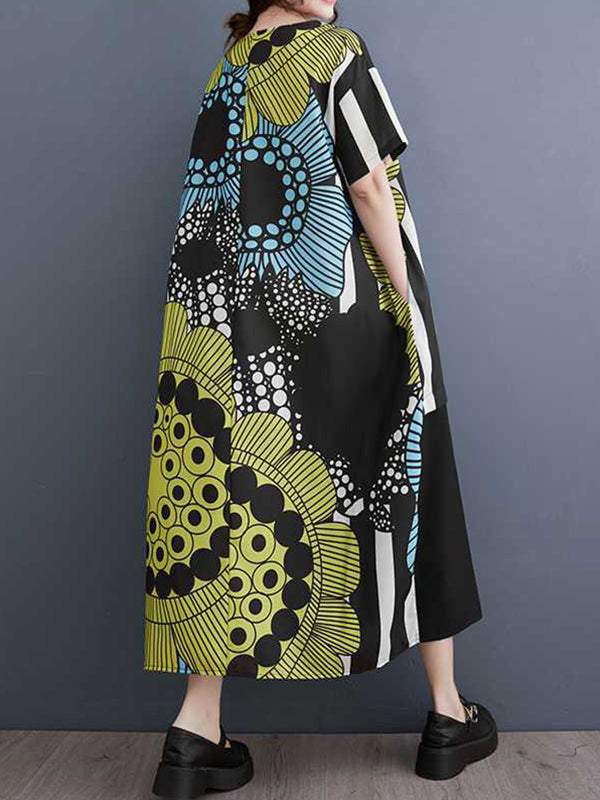 xakxx A-Line Loose Flower Print Pockets Split-Joint Round-Neck Midi Dresses