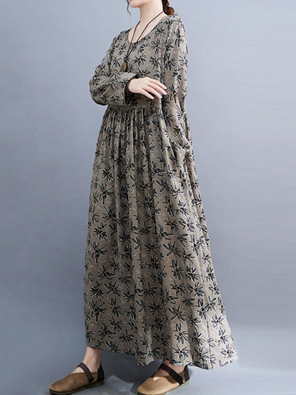 xakxx Artistic Retro Long Sleeves Loose Floral Printed Round-Neck Midi Dresses