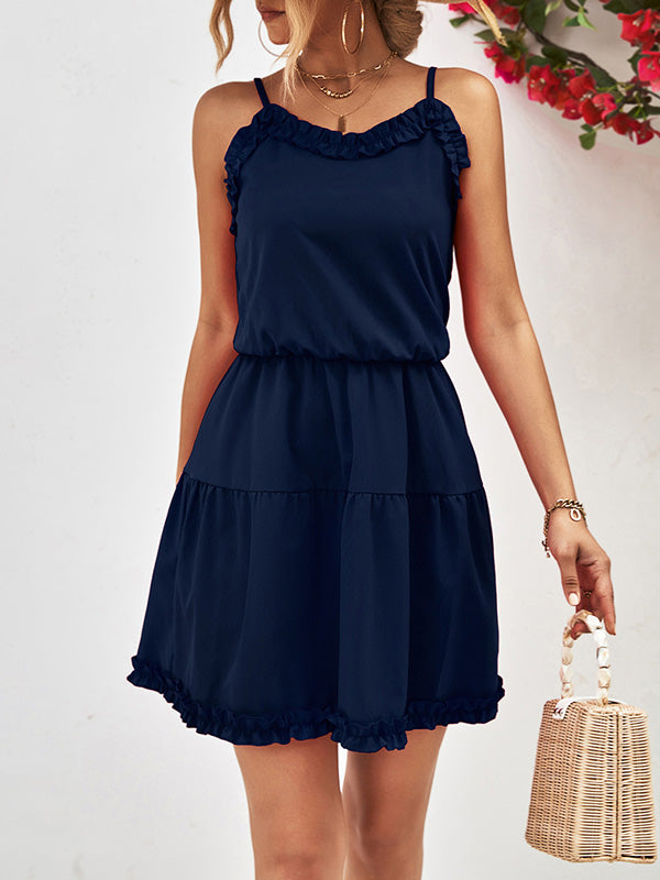 xakxx Loose Sleeveless Falbala Solid Color Spaghetti-Neck Mini Dresses