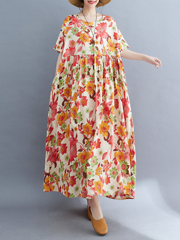xakxx Loose Short Sleeves Pleated Printed Split-Joint Round-Neck Midi Dresses
