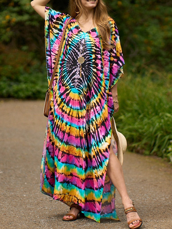 xakxx Batwing Sleeves Loose Printed Split-Side V-Neck Beach Cover-Up Maxi Dresses