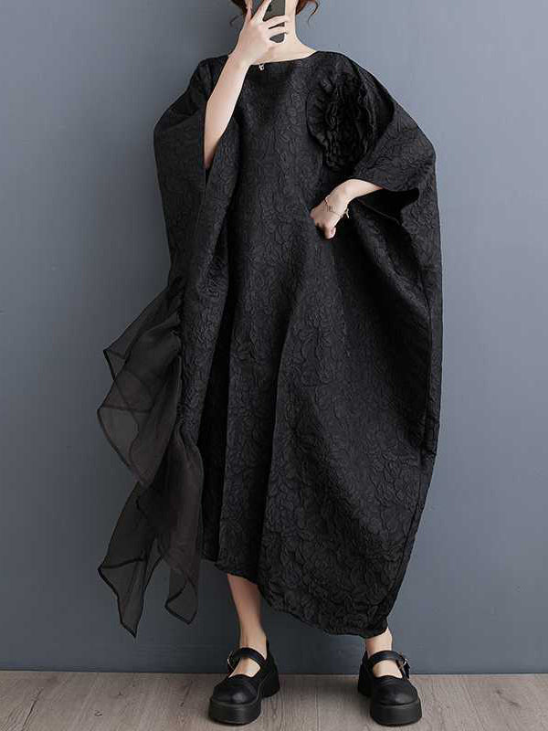 xakxx Batwing Sleeves Loose Asymmetric Flower Shape Gauze Jacquard Pleated Solid Color Split-Joint Round-Neck Midi Dresses