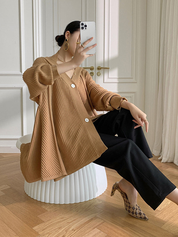 xakxx Stylish A-Line Long Sleeves Loose Solid Color V-Neck Cardigan Tops