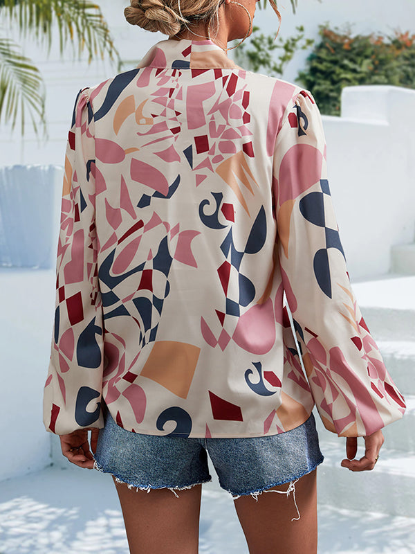 xakxx Bishop Sleeve Long Sleeves Elasticity Printed Tied V-Neck Blouses&Shirts Tops