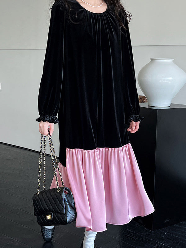 xakxx Flared Sleeves Long Sleeves Contrast Color Pleated Ruffled Split-Joint Velvet Round-Neck Midi Dresses
