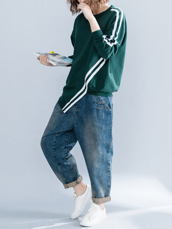 xakxx Cropped Long Sleeves Striped Round-Neck Hoodies&Sweatshirt
