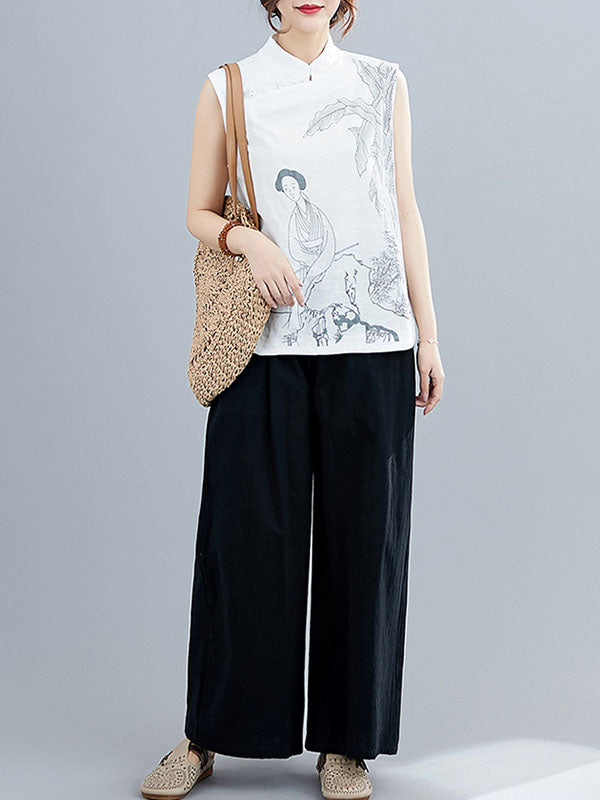 xakxx Artistic Retro Chinese-Style Printed Buttoned Stand Collar Sleeveless Vest