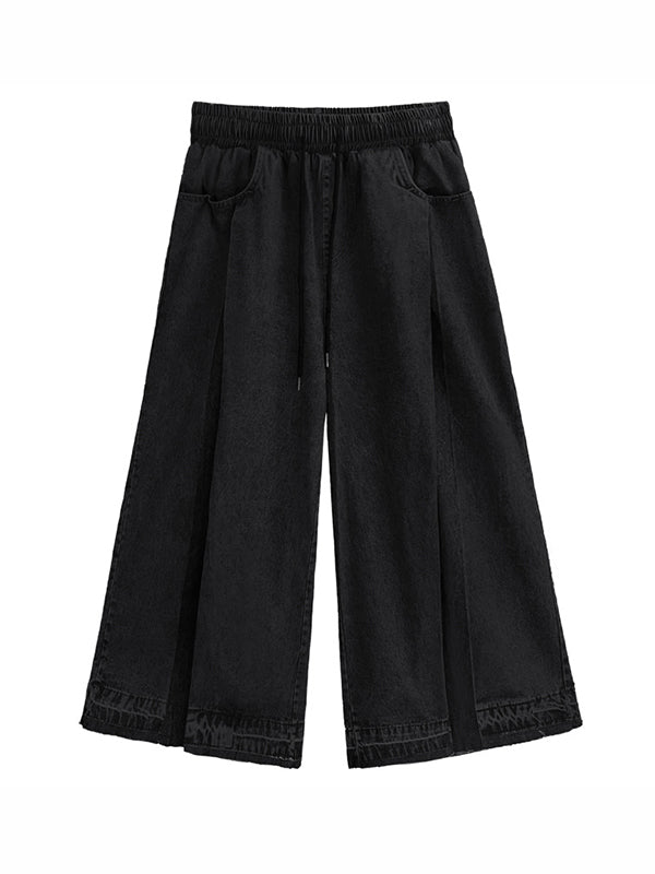 xakxx Loose Wide Leg Contrast Color Drawstring Fringed Pockets Jean Pants Bottoms
