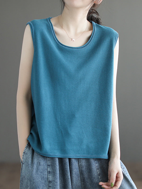 xakxx Loose Sleeveless Solid Color Round-Neck Knitting Vest Top
