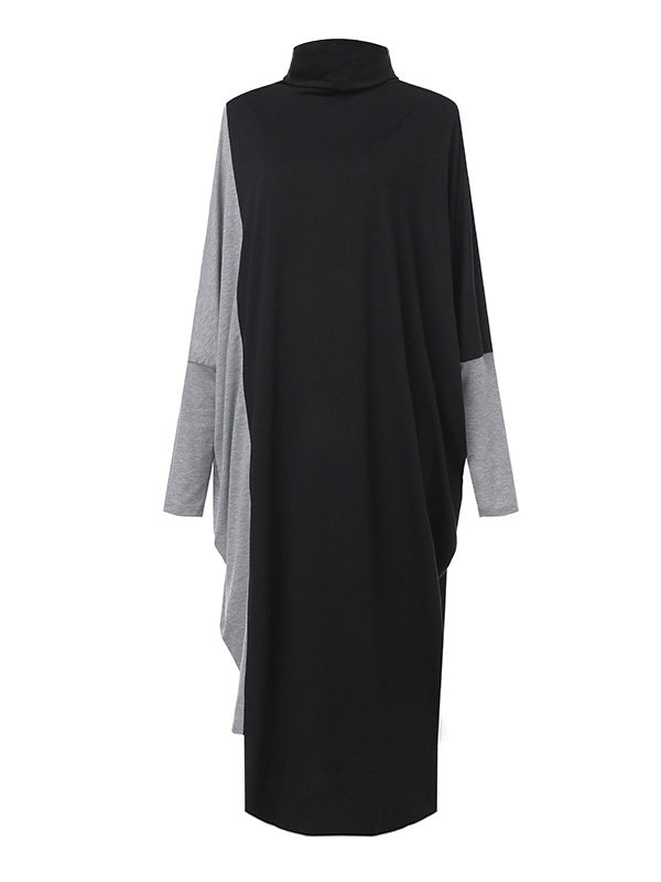 xakxx Casual Loose Split-Joint Contrast Color High-Neck Long Sleeves Dress