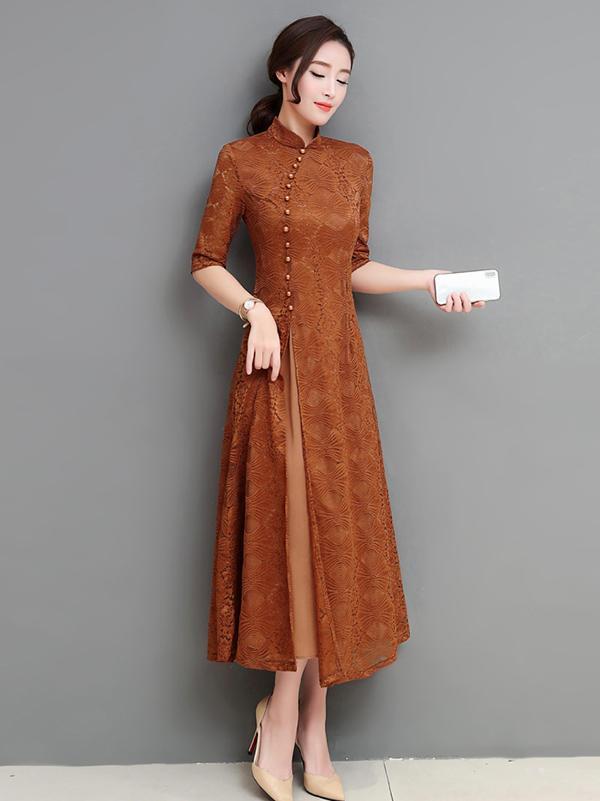 xakxx Gray&Coffee Lace A-line Long Cheongsam Ao Dai