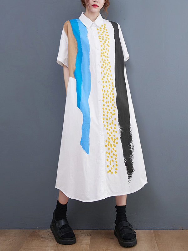 xakxx Artistic Retro Short Sleeves Loose Contrast Color Polka-Dot Lapel Collar Midi Shirt Dress