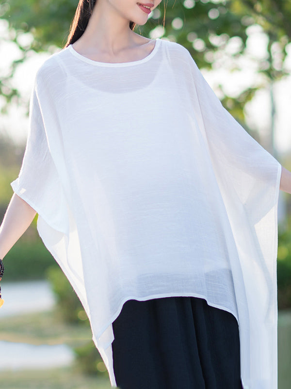 xakxx Half Sleeves High-Low See-Through Solid Color Round-Neck Blouses