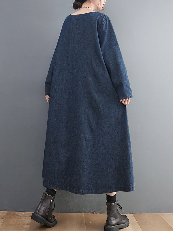 xakxx Artistic Retro Loose Denim Applique Round-Neck Long Sleeves Midi Dress