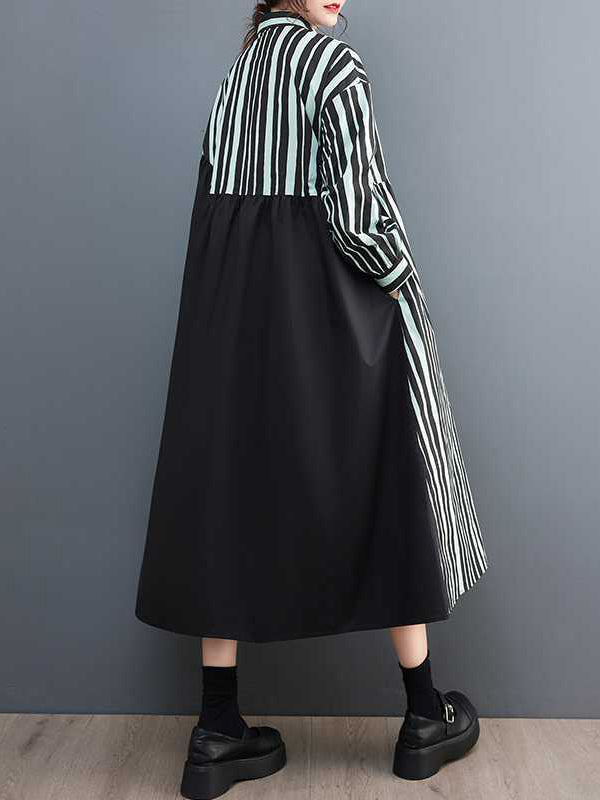 xakxx Long Sleeves Loose Buttoned Split-Joint Striped Mock Neck Midi Dresses